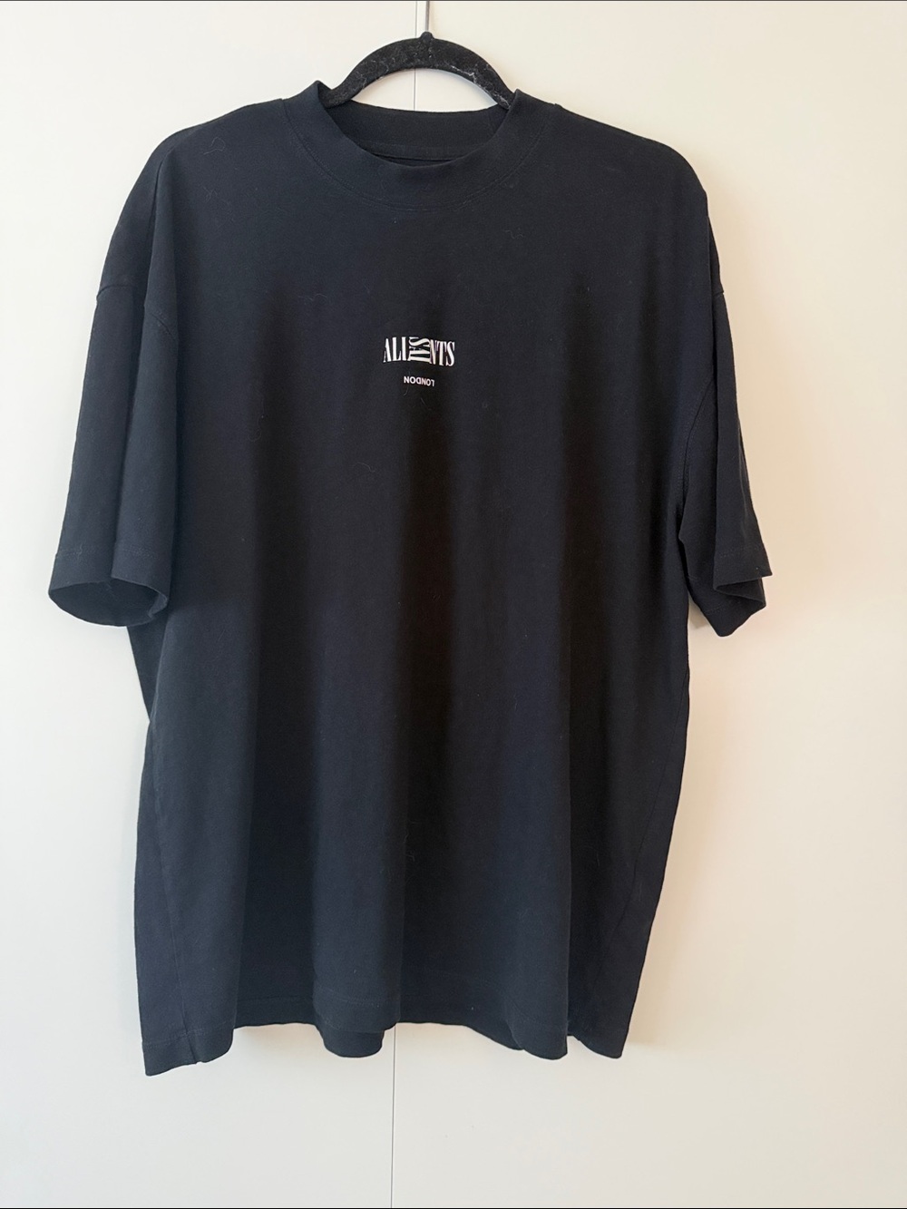 All Saints Black Crewneck Tee with Small White Logo
